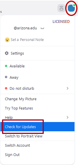Profile menu with Check for Updates selected