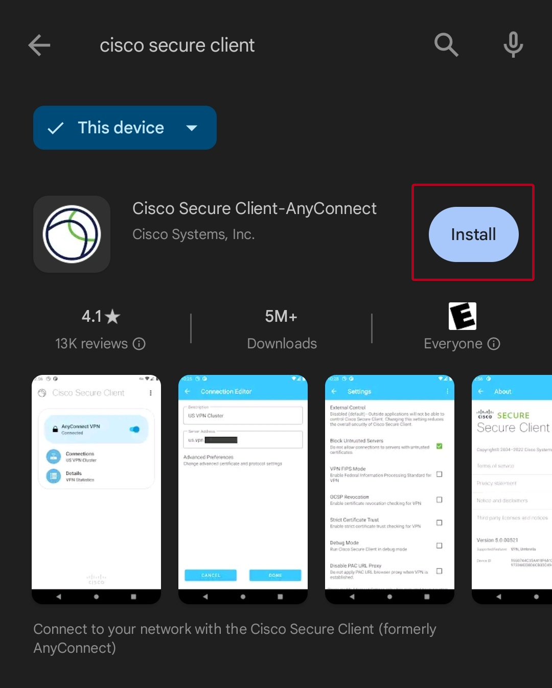 Install Cisco Secure Client from Google Play Store